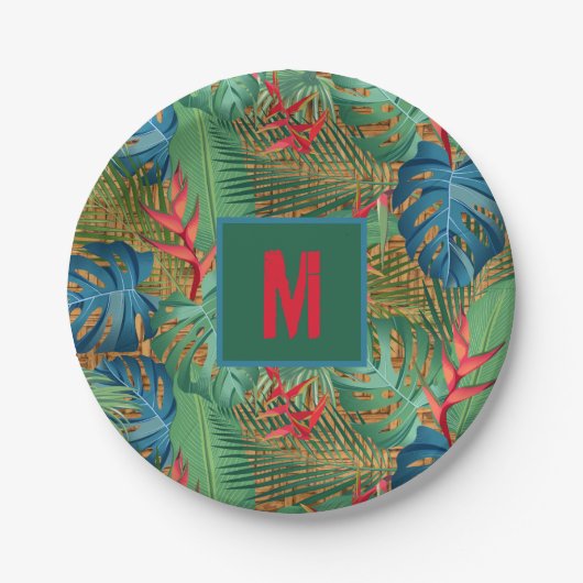 Mit Monogramm Tropenflora auf Wicker Print Pappteller (Vorderseite)
