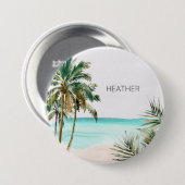 Mit Monogramm tropische Palmen Blätter Blue Beach Button (Vorne & Hinten)