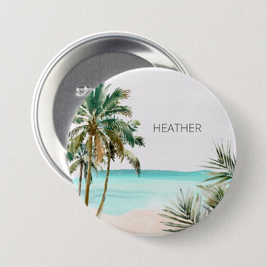 Mit Monogramm tropische Palmen Blätter Blue Beach Button (Vorne & Hinten)