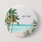 Mit Monogramm tropische Palmen Blätter Blue Beach Button (Vorderseite)