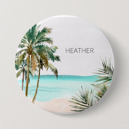 Mit Monogramm tropische Palmen Blätter Blue Beach Button (Vorderseite)