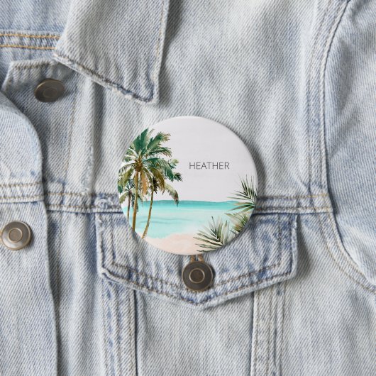 Mit Monogramm tropische Palmen Blätter Blue Beach Button (Beispiel)