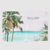 Mit Monogramm tropische Palmen Blätter Blue Beach Golfhandtuch (Horizontal)