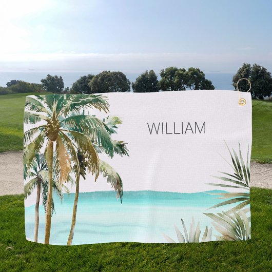 Mit Monogramm tropische Palmen Blätter Blue Beach Golfhandtuch