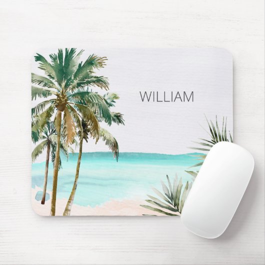 Mit Monogramm tropische Palmen Blätter Blue Beach Mousepad (Mit Mouse)