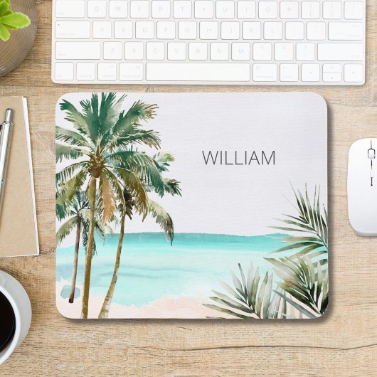 Mit Monogramm tropische Palmen Blätter Blue Beach Mousepad