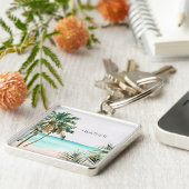 Mit Monogramm tropische Palmen Blätter Blue Beach Schlüsselanhänger (Seite)