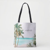 Mit Monogramm tropische Palmen Blätter Blue Beach Tasche (Vorderseite)