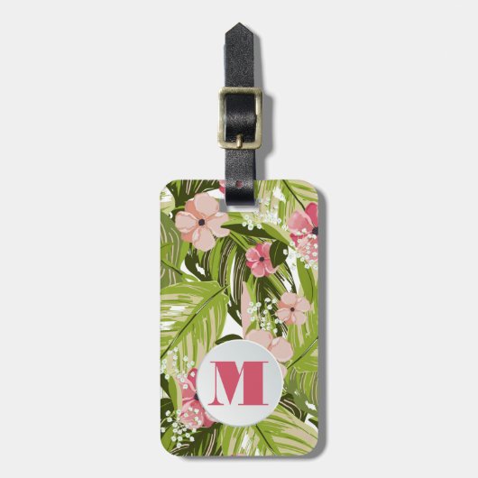 Mit Monogramm tropische Pflanze Blumenmuster Gepäckanhänger (Vorderseite vertikal)