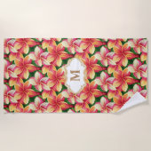 Mit Monogramm tropische Rosa-Blume auf Waldgrün Strandtuch (Vorderseite)