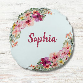 Mit Monogramm tropische rosa Blume florale botanis Rundes Kissen