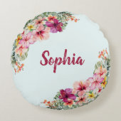 Mit Monogramm tropische rosa Blume florale botanis Rundes Kissen (Vorderseite)