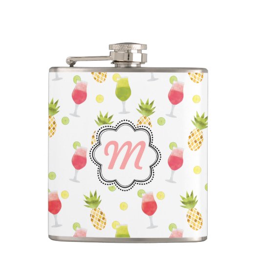 Mit Monogramm tropisches Cocktail- und Fruchtmuste Flachmann (Vorderseite)