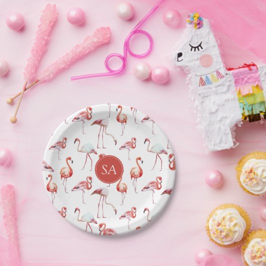 Mit Monogramm tropisches Rosa Flamingo Pappteller (Party)