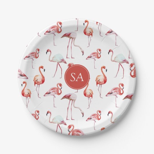 Mit Monogramm tropisches Rosa Flamingo Pappteller (Vorderseite)
