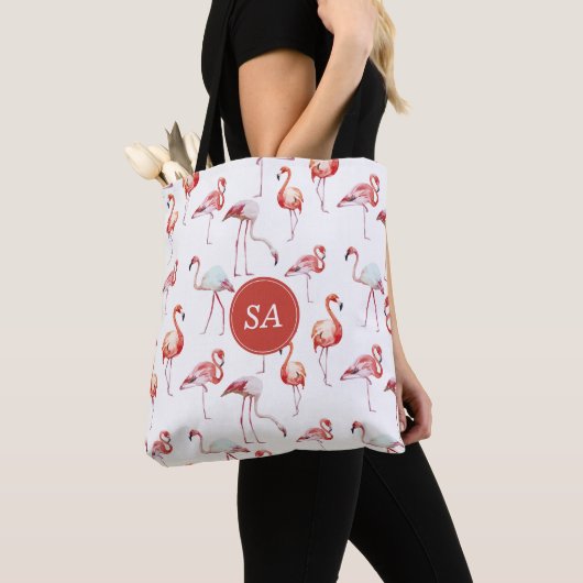 Mit Monogramm tropisches Rosa Flamingo Tasche (Von Nahem)