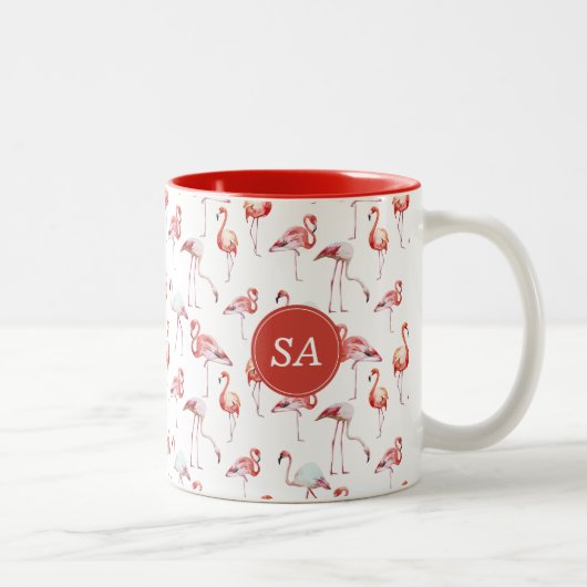 Mit Monogramm tropisches Rosa Flamingo Zweifarbige Tasse (Rechts)