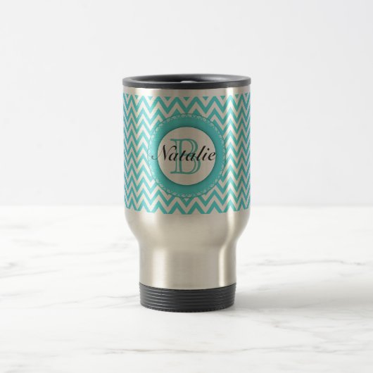 Mit Monogramm Türkis-Blau-Zickzack mit Reisebecher (Mittel)