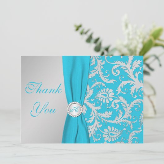 Mit Monogramm Türkis, Silver Dankeschön Karte (Stehend Vorderseite)