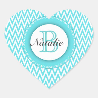 Mit Monogramm Türkisblau Zickzack Muster Herz-Aufkleber