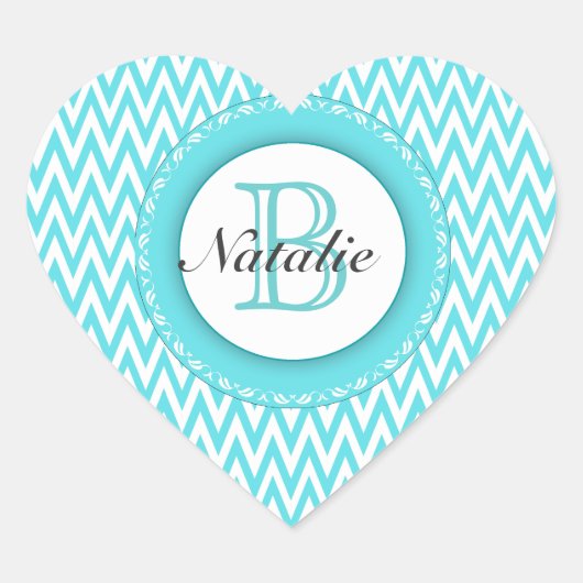 Mit Monogramm Türkisblau Zickzack Muster Herz-Aufkleber (Vorderseite)
