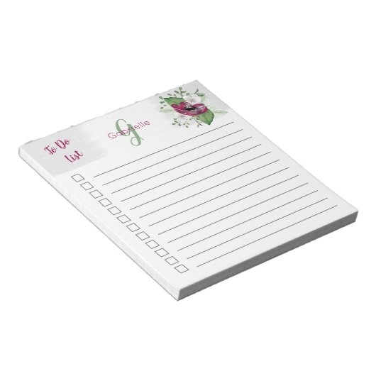 Mit Monogramm, um Magenta Wasserfarbenflora aufzul Notizblock (angewinkelt)