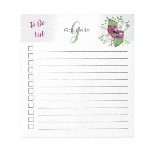 Mit Monogramm, um Magenta Wasserfarbenflora aufzul Notizblock (Vorderseite)