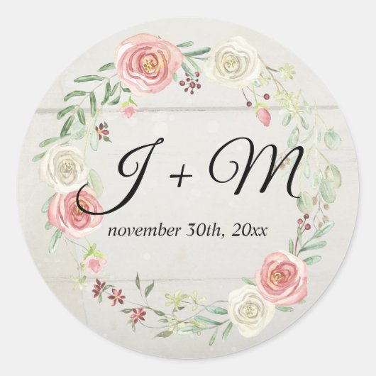 Mit Monogramm Umhüllung Rustikale Rose aus Holz Runder Aufkleber (Vorderseite)