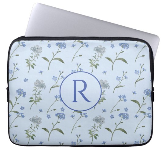 Mit Monogramm Vergessen Sie mir nicht blaue Flora Laptopschutzhülle (Vorderseite)