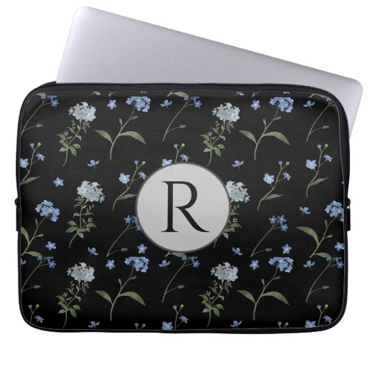 Mit Monogramm Vergessen Sie mir nicht blaue Flora  Laptopschutzhülle (Vorderseite)