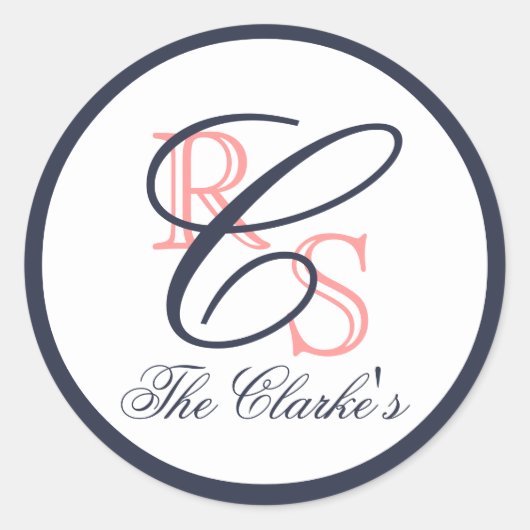 Mit Monogramm Verheirateter Name, Peach, Navy Blue Runder Aufkleber (Vorderseite)