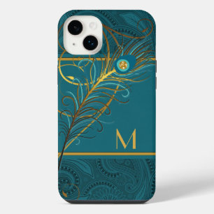 Mit Monogramm verziertes Pfau-Thema in Türkis und  iPhone 14 Plus Hülle