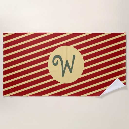 Mit Monogramm Vintage Goldene Streifen auf Rot Strandtuch (Vorderseite)