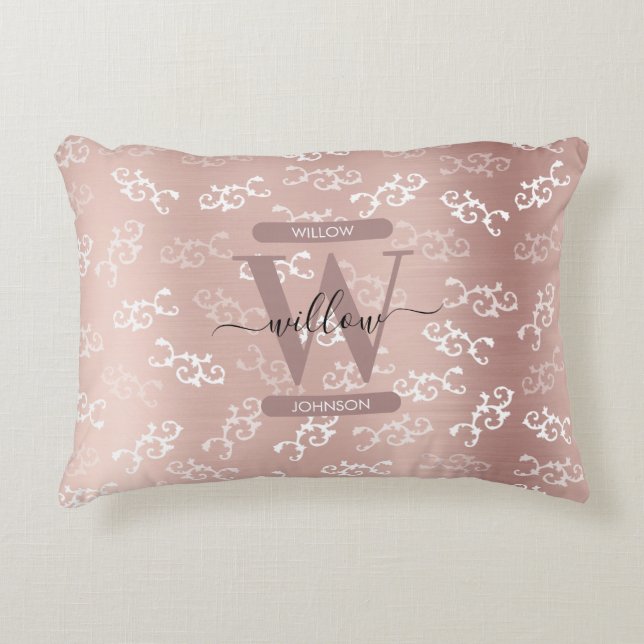 Mit Monogramm Vintage Rose Gold Damask Muster Dekokissen (Vorderseite)