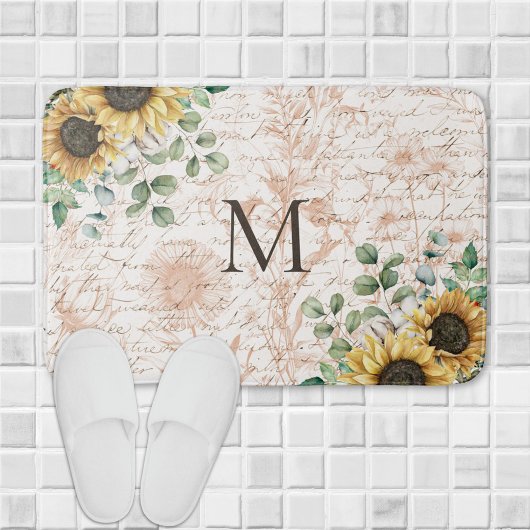 Mit Monogramm Vintages Sonnenblumendekoupage Badematte