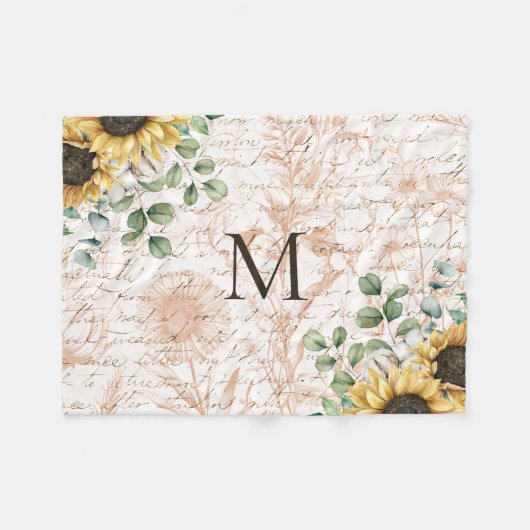 Mit Monogramm Vintages Sonnenblumendekoupage Fleecedecke (Vorderseite (Horizontal))