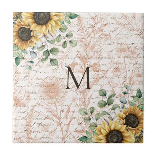Mit Monogramm Vintages Sonnenblumendekoupage Fliese (Vorderseite)