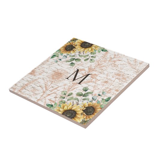 Mit Monogramm Vintages Sonnenblumendekoupage Fliese (Seite)