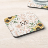 Mit Monogramm Vintages Sonnenblumendekoupage Getränkeuntersetzer (Linke Seite)