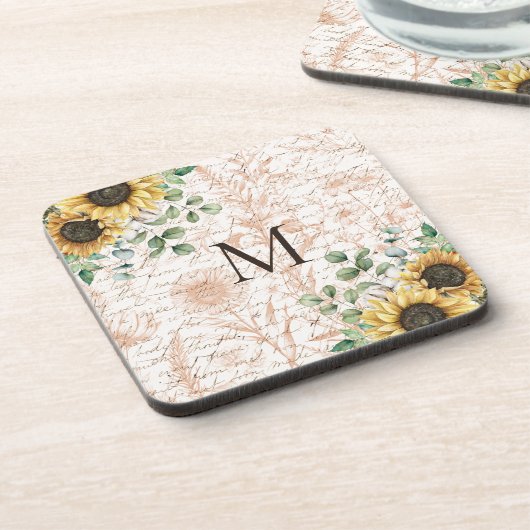Mit Monogramm Vintages Sonnenblumendekoupage Getränkeuntersetzer (Linke Seite)