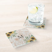 Mit Monogramm Vintages Sonnenblumendekoupage Glasuntersetzer (Schrägansicht)