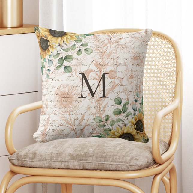 Mit Monogramm Vintages Sonnenblumendekoupage Kissen (In situ on chair)
