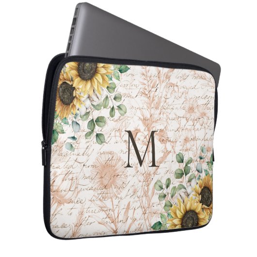 Mit Monogramm Vintages Sonnenblumendekoupage Laptopschutzhülle (Vorne Rechts)