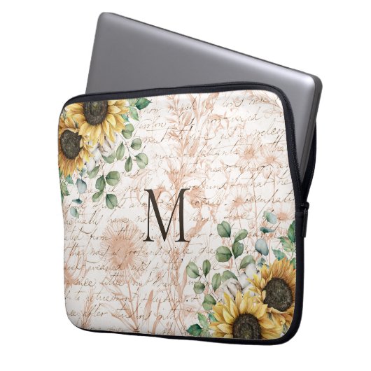 Mit Monogramm Vintages Sonnenblumendekoupage Laptopschutzhülle (Vorderseite Links)