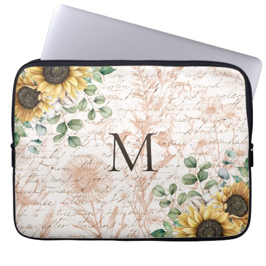 Mit Monogramm Vintages Sonnenblumendekoupage Laptopschutzhülle (Vorderseite)