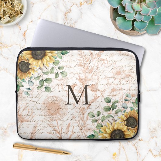 Mit Monogramm Vintages Sonnenblumendekoupage Laptopschutzhülle