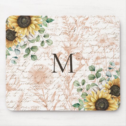 Mit Monogramm Vintages Sonnenblumendekoupage Mousepad (Vorne)