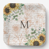 Mit Monogramm Vintages Sonnenblumendekoupage Pappteller (Vorderseite)