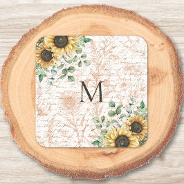 Mit Monogramm Vintages Sonnenblumendekoupage Quadratischer Aufkleber