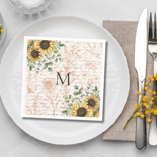 Mit Monogramm Vintages Sonnenblumendekoupage Serviette